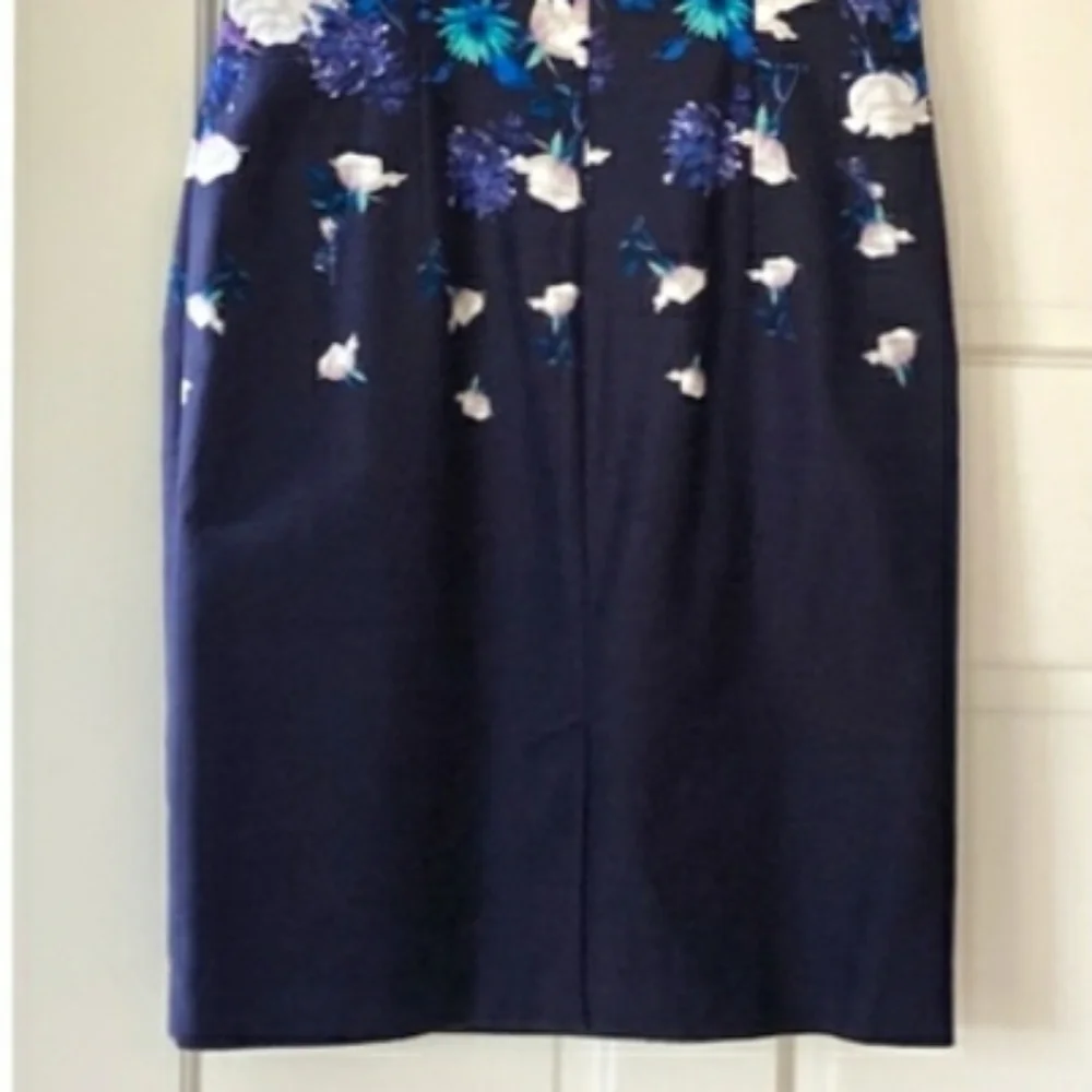 Talbots Dress Cotton Lined Floral Blue Back Zipper Short Sleeve Size 14